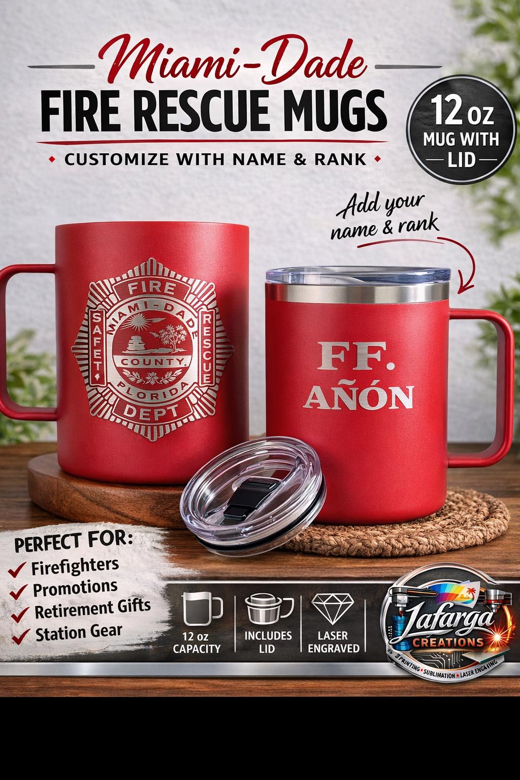 Miami-Dade Fire Rescue Travel Mug, 12oz Insulated Mug, Custom Name & Rank, Personalized Firefighter Gift