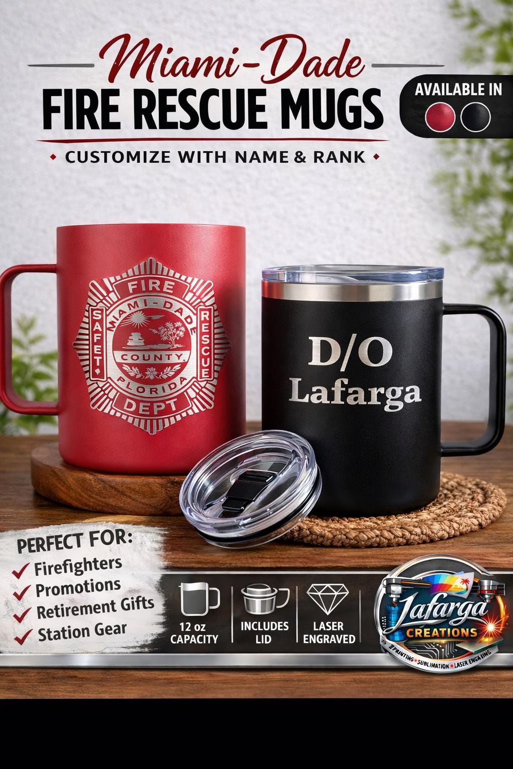 Miami-Dade Fire Rescue Travel Mug, 12oz Insulated Mug, Custom Name & Rank, Personalized Firefighter Gift