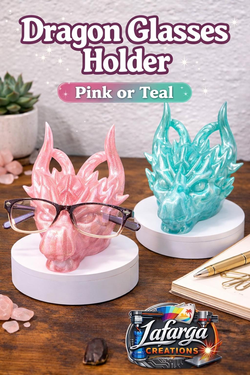 3D Printed Dragon Glasses Holder Stand | Fantasy Desk Decor (Pink or Teal)