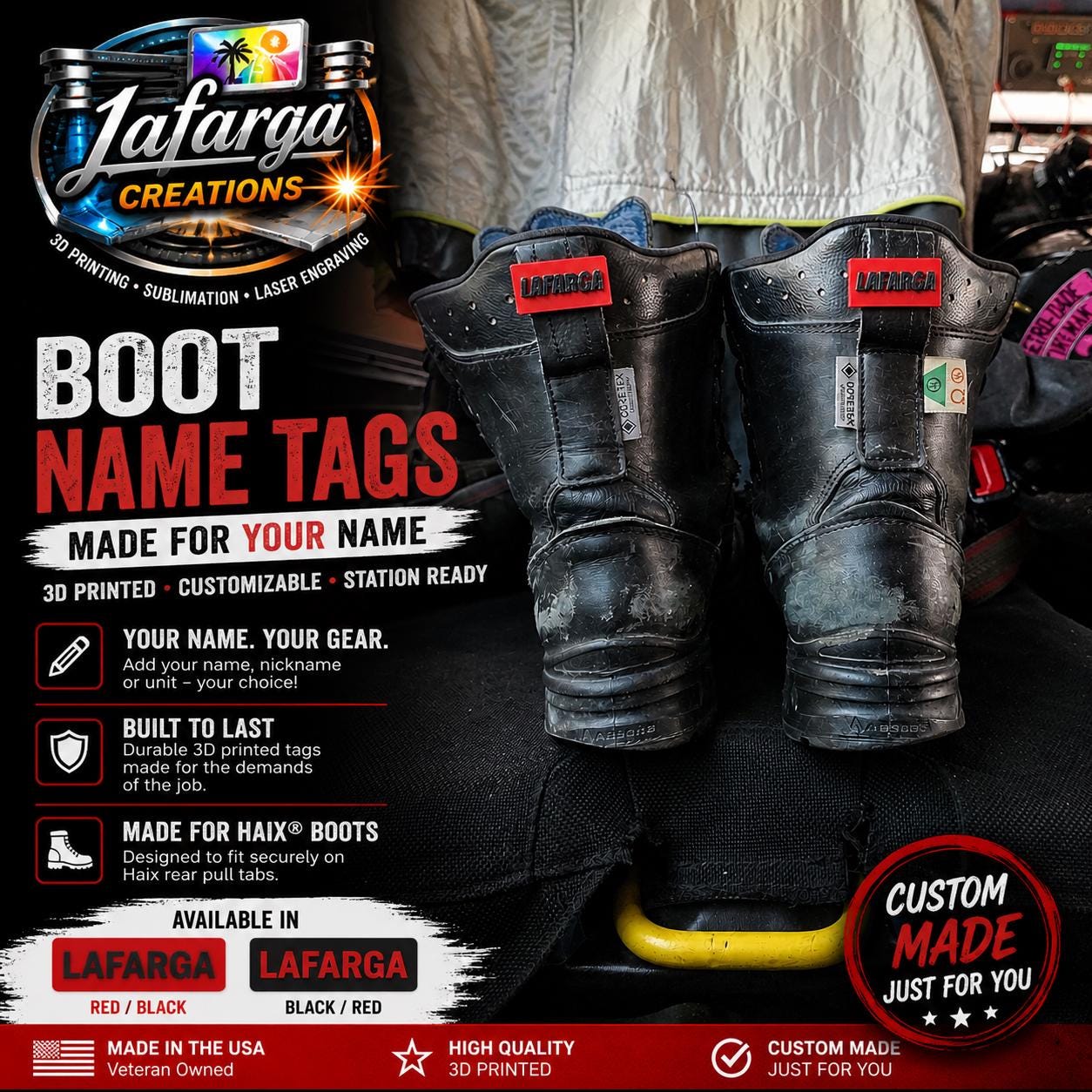 Custom Firefighter Boot Name Tags | 3D Printed Personalized HAIX Gear Plate