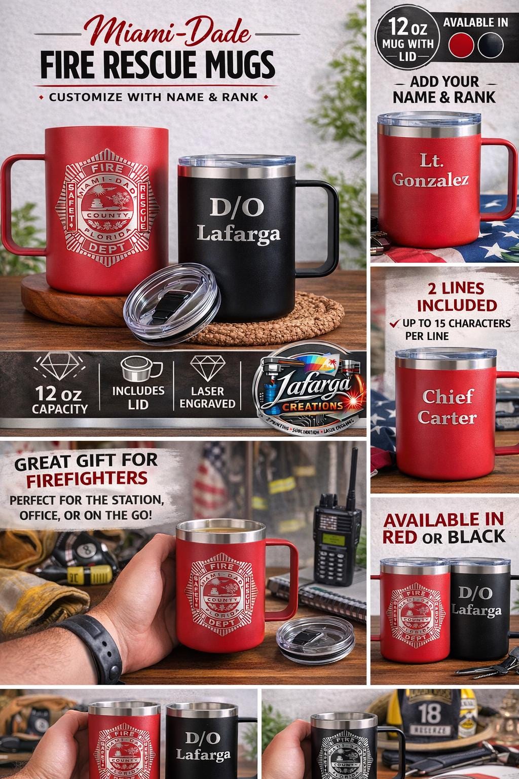 Miami-Dade Fire Rescue Travel Mug, 12oz Insulated Mug, Custom Name & Rank, Personalized Firefighter Gift